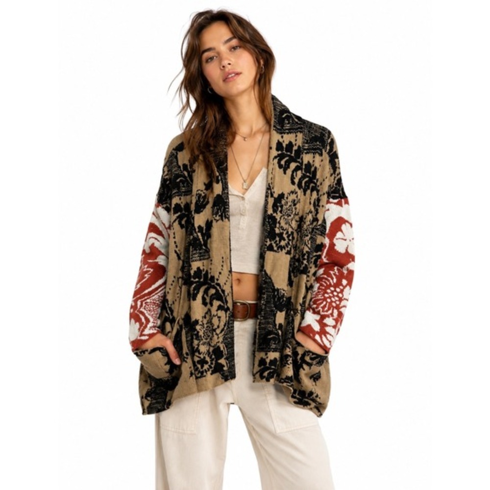 Anthropologie Floral Lola Open Front Cardigan Tan Red Black XS/S